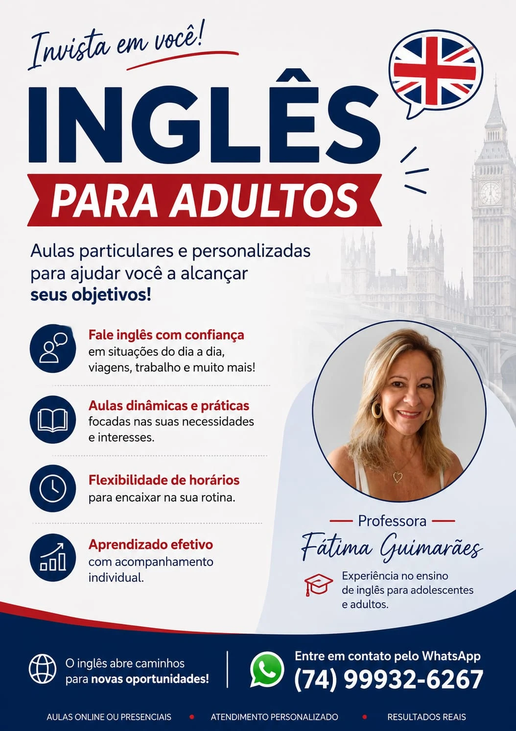 Card promocional de Curso de Inglês para adultos