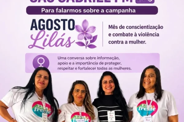 Cartaz de eventos do Agosto Lilás, com 4 palestrantes que estarão na cidade de São Gabriel discutindo o tema na rádio FM